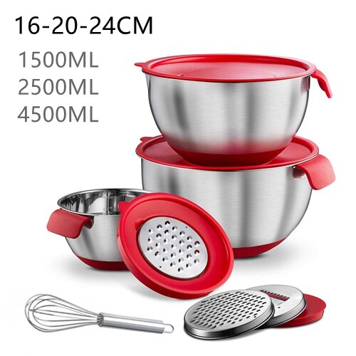 Stainless Steel Ingredients Standby Bowls Mixing Bowl Non-Slip DIY Cake Bread Salad Mixer Food Container With Grater/Egg Beater: 16-20-24cm Set