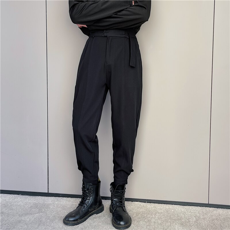 Korean Style Chic Harem Pants Men Solid Black White Man Trouser with Belt Spring Summer Tapered Ankle Length Casual Pant: XXL / black