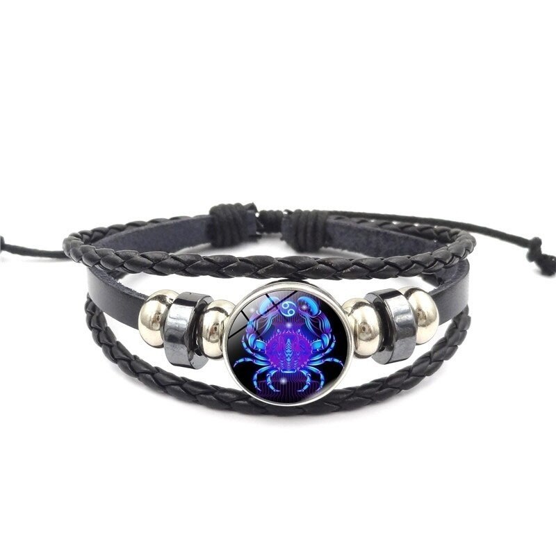 12 Constellation Zodiak Teken Blauw Glas Lederen Armband Ram Waterman Leeuw Maagd Geweven Glas Dome Sieraden Punk Mannen Armband: Cancer
