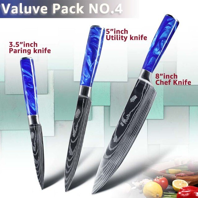 Kitchen Chef Knife Santoku Japanese Knife 7CR17 High Carbon Stainless Steel Damascus Drawing Meat Vegetable Knives: 3pcs