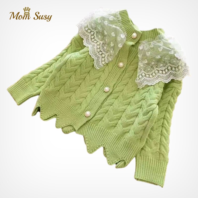 Del bambino del Maglione Delle Ragazze del Cardigan Del Merletto Del Tasto Della Perla Del Collare Toddle Maglione Della Ragazza Cappotto Caldo Molle Bambini Outwear Vestiti di Autunno della Molla 2-12Y: 3 / 150