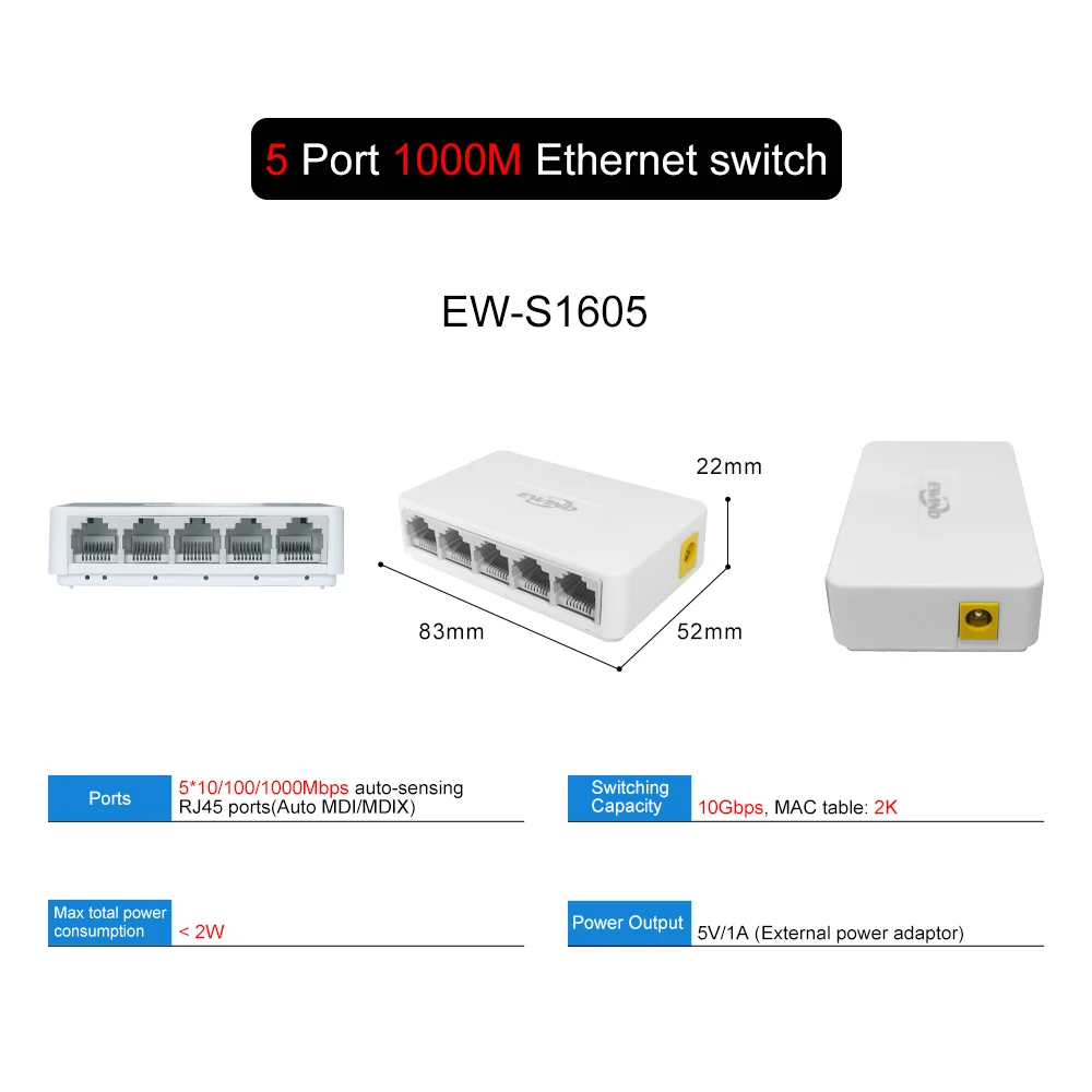 RJ45 Port Ethernet Switch 10/100/1000Mbps Ethernet Switch 5/8 Ports Desktop Gigabit Network Switch Adapter Fast Auto MDI/MDIX: black