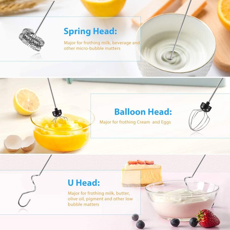 Elektrisk mælkepisker usb genopladelig 3 hastigheder mini håndholdt elektrisk mælkeskummaskine med 3 piskere drikkemixer til æggepisker