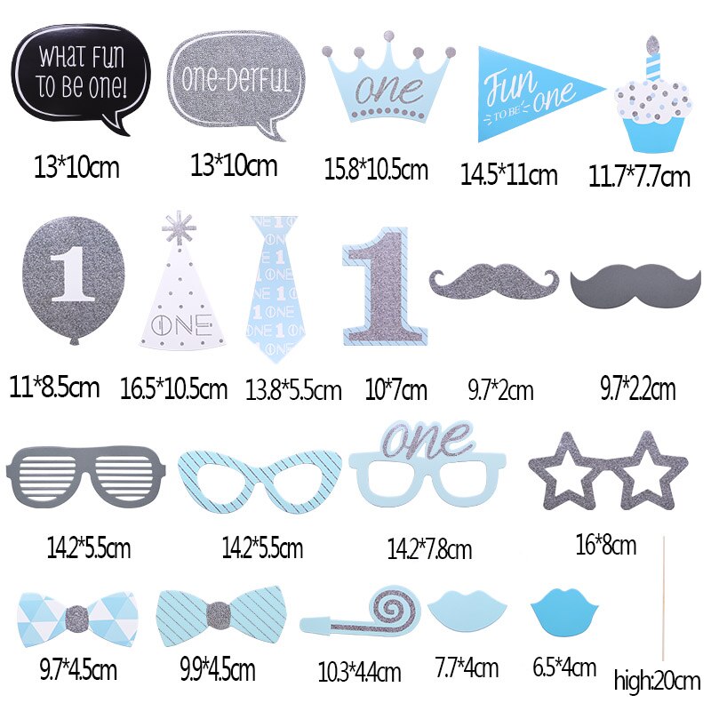 Accesorios de fotomatón para de cumpleaños de niño y niña, suministros de decoración para Celebración de bebé, primer cumpleaños, 20 Uds.: S01 blue