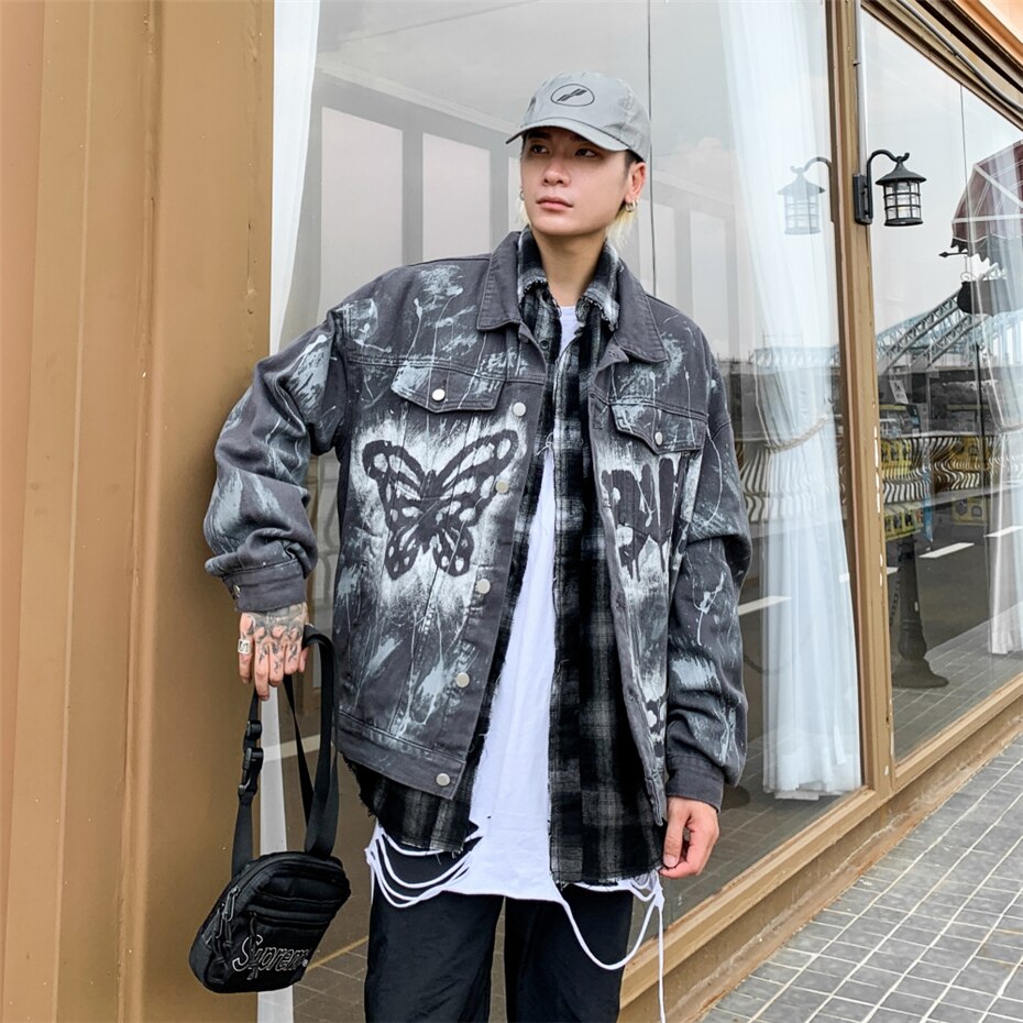 Graffiti Print Vlinder Denim Jassen Streetwear Hip Hop Casual Punk Rock Jeans Jas Jassen Uitloper Hipster Tops WQ175