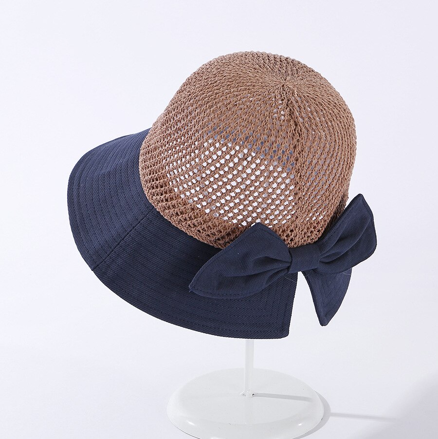 Cokk sommarmössor för kvinnor stickad vikbar solhatt som andas med rosett solskydd solskydd koreansk strandmössa keps resa