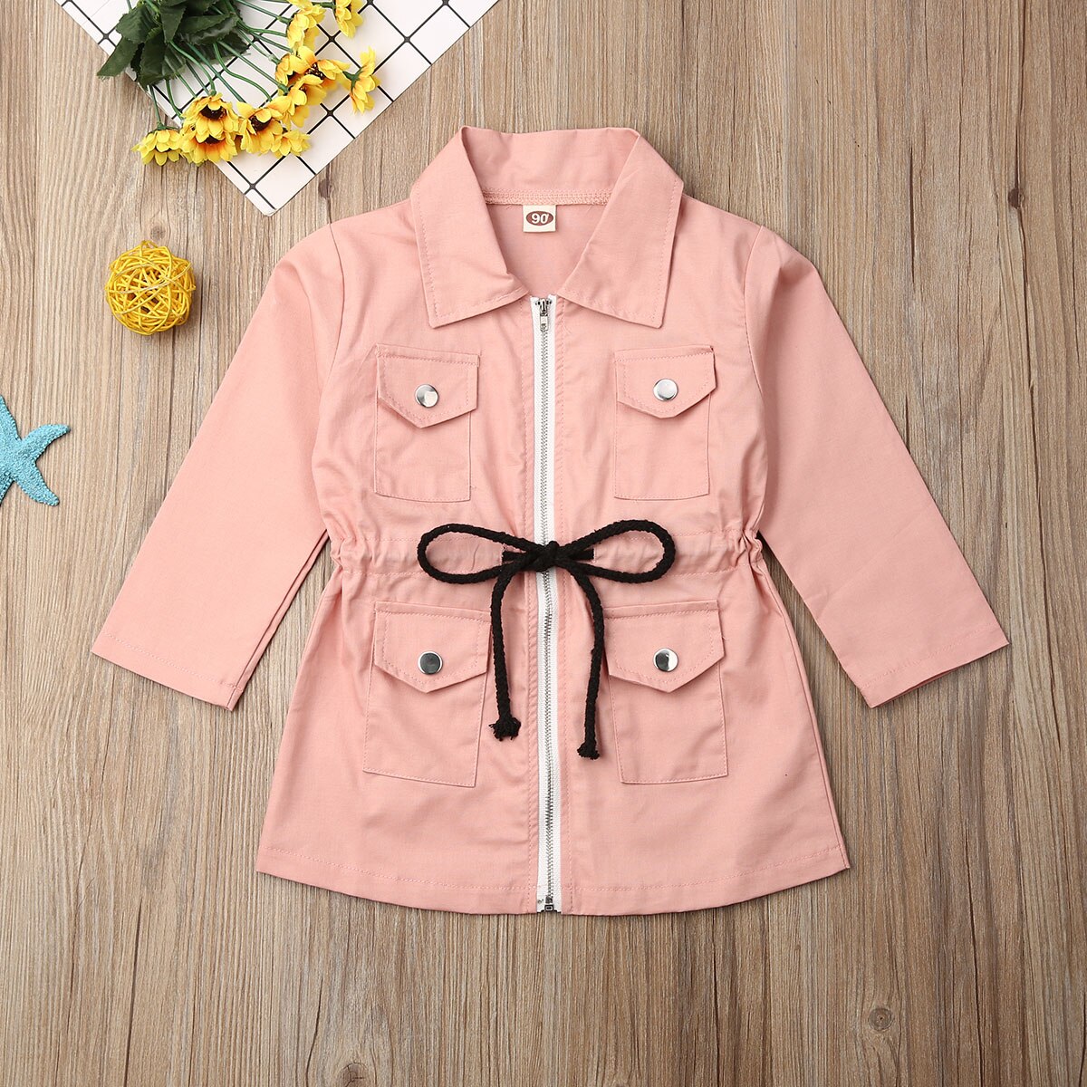 1-7Y Kinder Mädchen Langarm Revers Graben Kid Casual Jacke Reißverschluss Mantel Outwear Windjacke Kordelzug Mantel 1-7 jahre: 4T