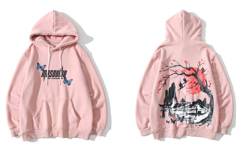 Gonthwid Hoodies Streetwear Hip Hop Chinese Stijl Landschap Vlinder Print Hoody Mannen Harajuku Casual Pullover Tops: Pink / M