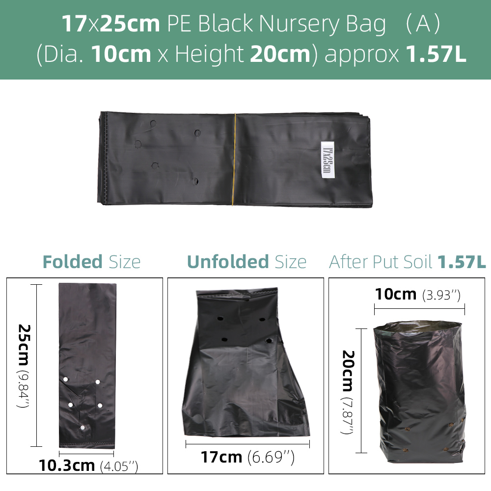 Bolsas gruesas para cultivo de plantas, macetas de plántulas ecológicas para jardín con agujeros transpirables, bolsas de plantación negras, bolsas de vivero de PE, 100 Uds.: Black 17x25cm