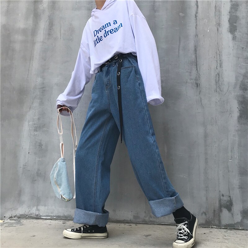 Lappster høy midje jeans bukser kvinner boyfriend jeans for kvinner harajuku denim harem bukser dame brede ben blå jeans bukser