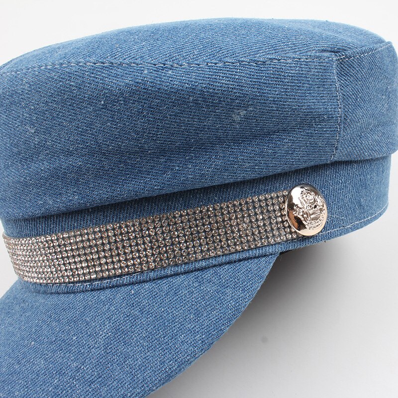 Women Duckbill Cap Denim Jean Flat Top Short Brim Bling Bling Rhinestone Cool Casual Cowboy Hat Caps