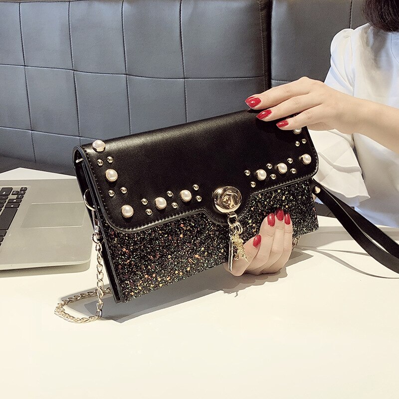 Vrouwen Messenger Bag Sequin Clutch Koreaanse Modieuze Ms Kleine Vierkante Clutch Purse: black