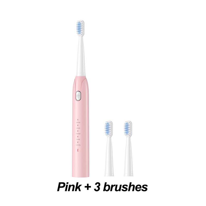 Electric Toothbrush Sonic Toothbrush USB Induction Charging Toothbrush Smart Toothbrush Electric Tooth Scaler Wave Brush: pink 3 brush