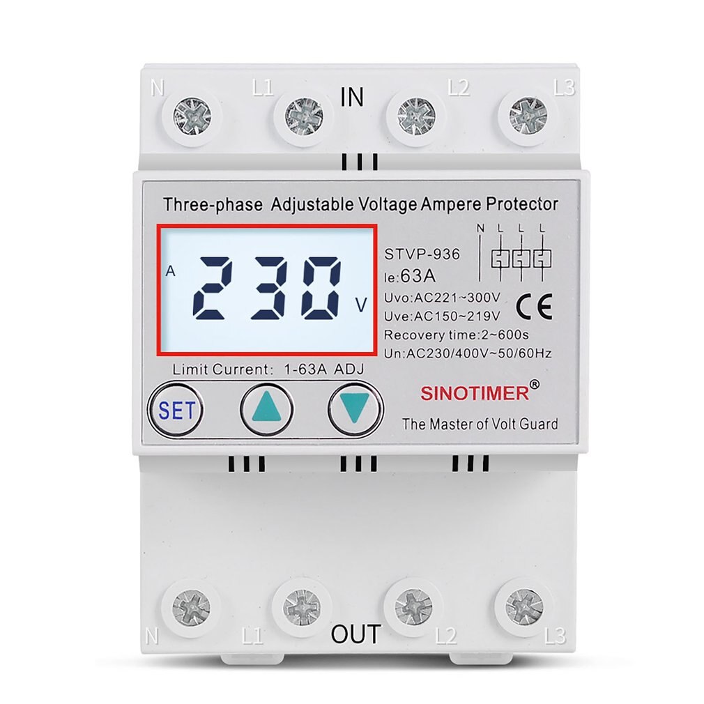 Din Rail 3 Fase Spanning Relais 380V Voltmeter Amperemeter Over En Onder Voltage Relais Huidige Passen Overspanning: 63A