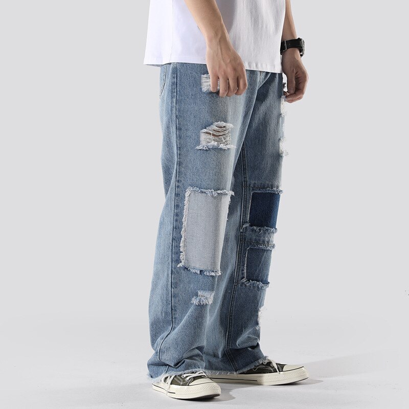 Firmranch Spring/Autumn Ripped Men's Jeans Loose Straight Do Old Patchwork Beggar Jeans Pants Hip-Hop Frilled Trousers