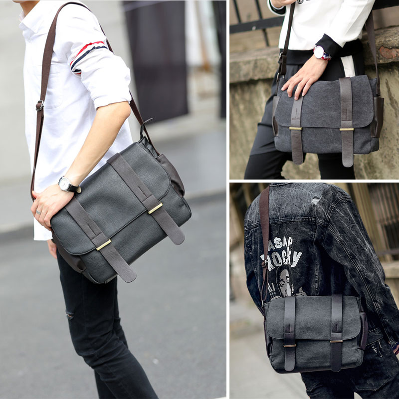 Scione männer Leinwand Messenger Taschen Vintage PU Leder Büro Aktentasche Reise Schule Teenager Schulranzen Schulter Tasche