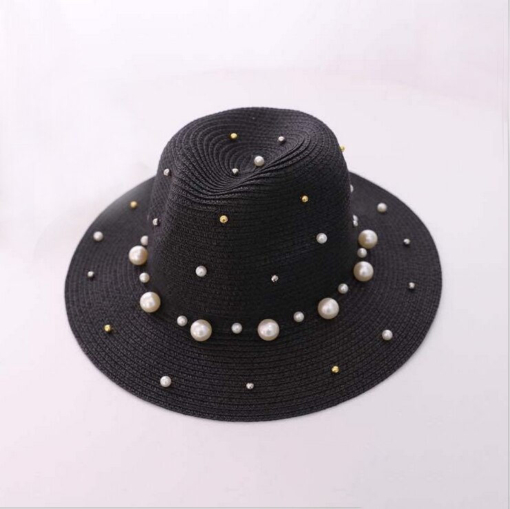 summer ladies spring hats flower beads wide brim jazz panama straw sun visor beach hat flower rivet pearl straw hat cap: 2