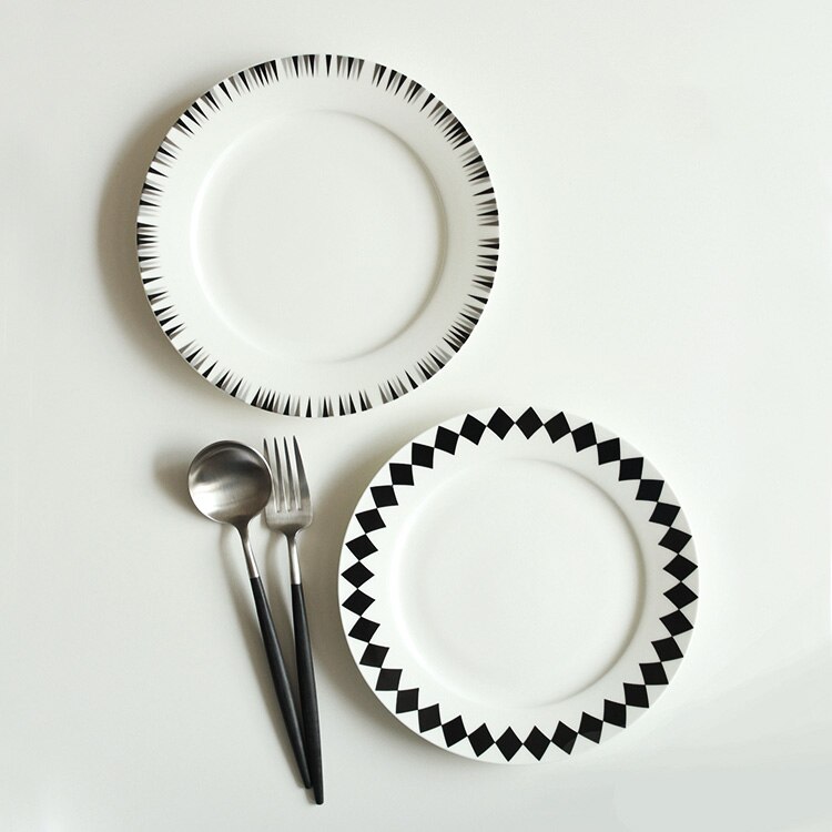 8 Inch 45% Bone China Plate Western Dinner Plates Ceramic On-glazed Round Dishes Steak Simple Brief Black Diamond