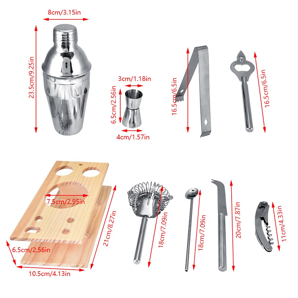 8pcs Stainless Steel Bar Set Tool Cocktail Shaker Mixer Drinker With Wood Holder Stand Drinking Tool 750ML
