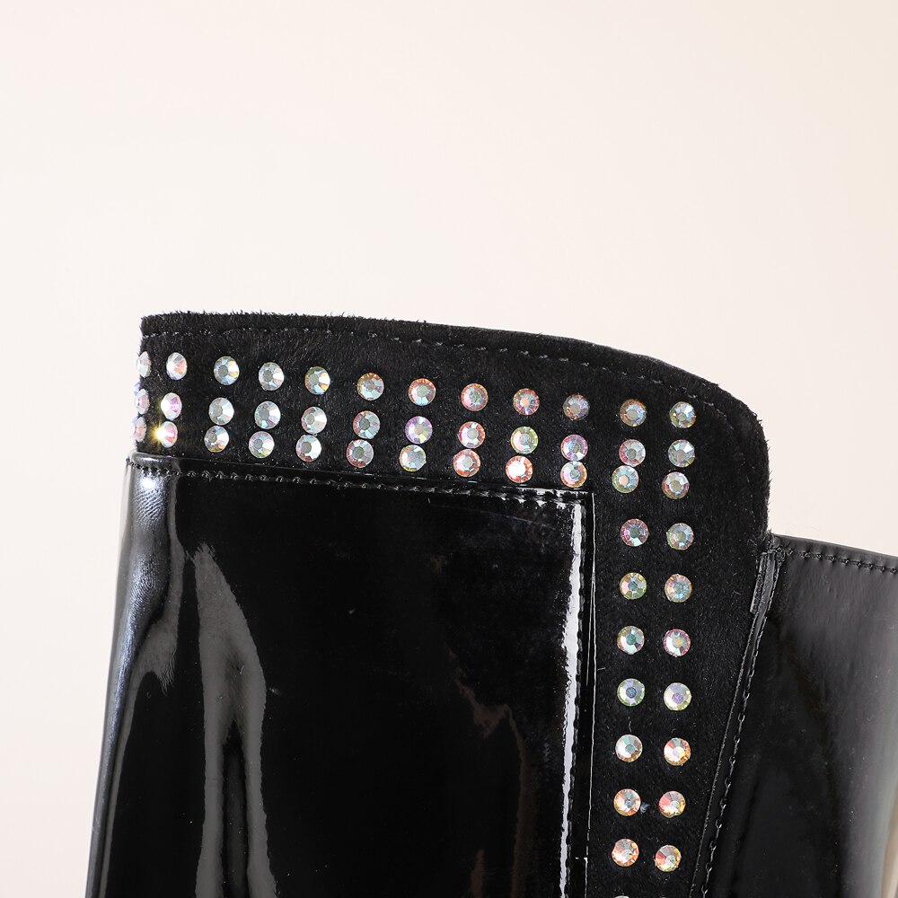 Strass Oversized Vierkante Hak Lakleer Over-De-Knie Laarzen Bordeaux Helder Leer Super Hoge Hak En Fluwelen warm Boot