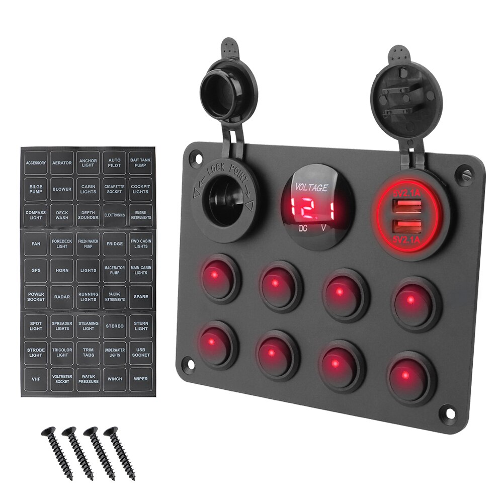 12-24V 8 Gang Sigarettenaansteker Dual Usb Voor Auto Boot Rv Vrachtwagen Atv Utv Camper Caravan schakelaar Aardlekschakelaar: A Red