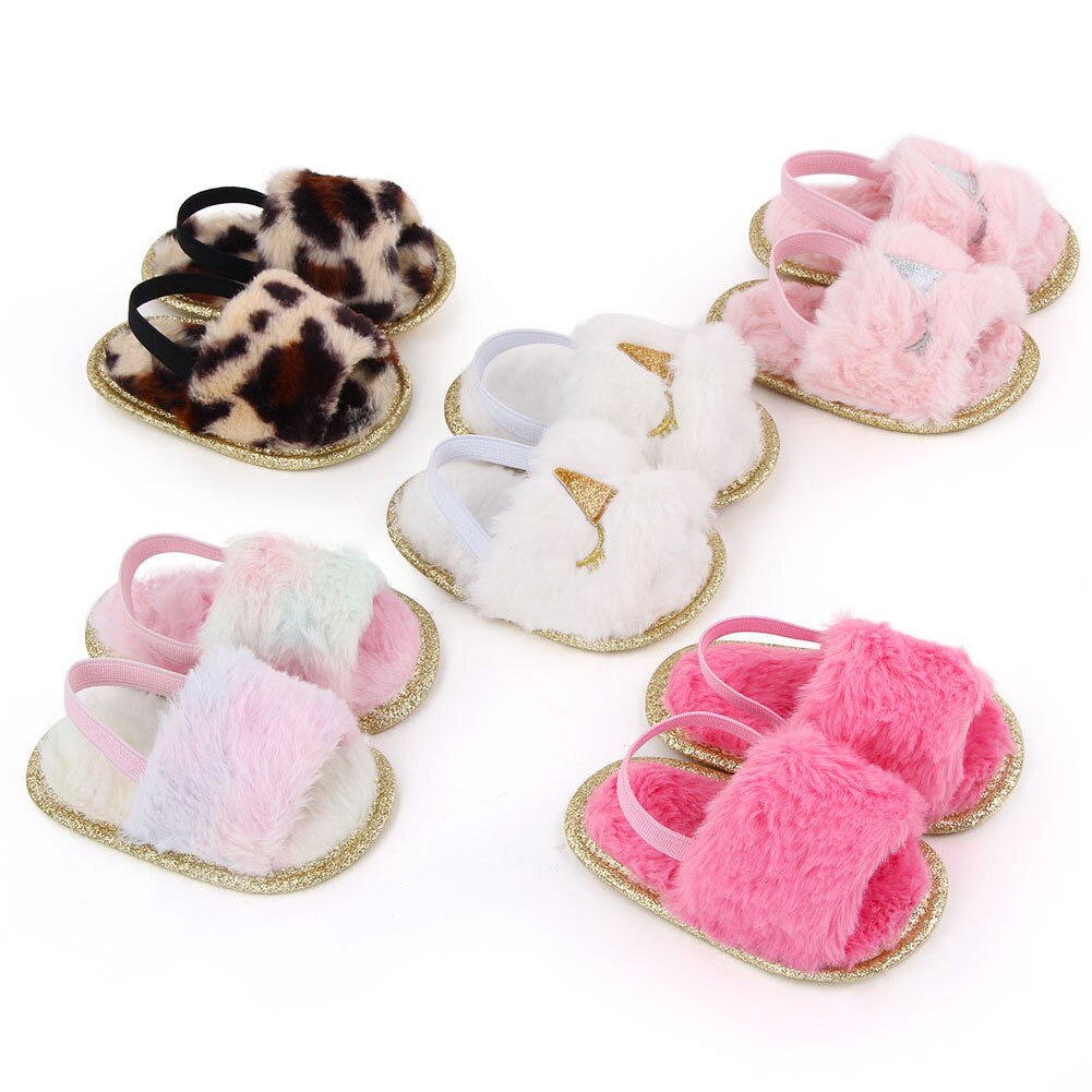 Spædbørn baby piger plys sandaler blød sål imiteret pels flade småbørn prewalker hjemmesko med elastisk bagstrop sko