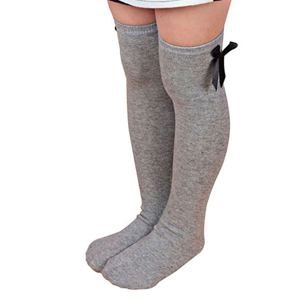 1 Pair of Kids Girls Solid Color Striped Bow Stockings Elastic Over the Knee Long Socks Girl Knee Socks: Grey