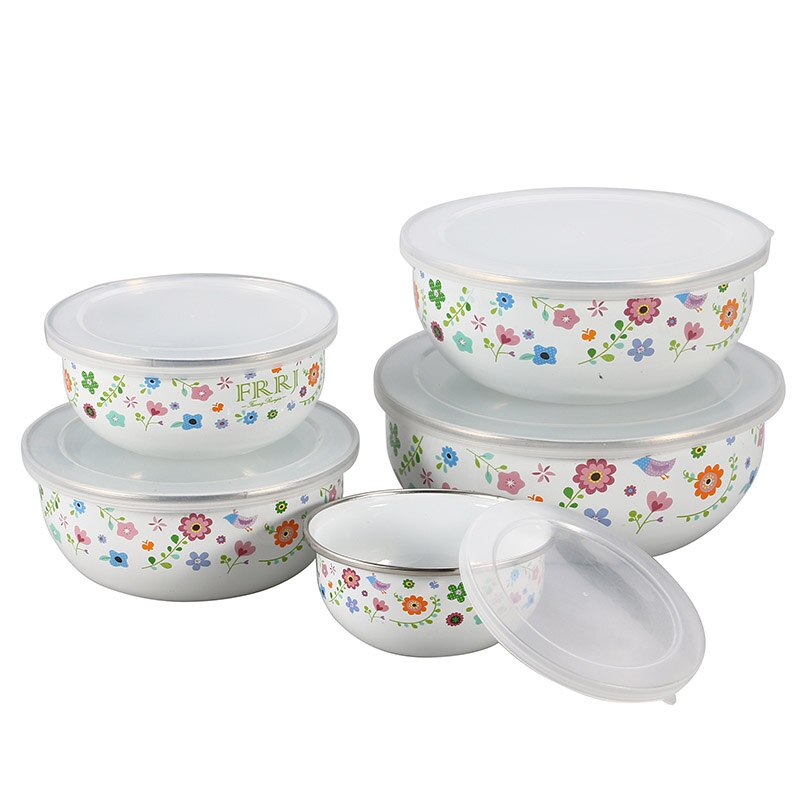 Bol para el hielo con esmalte de flores, recipiente fresco, 5 Juegos de almacenamiento de alimentos, caja de color sellado, caja de con estampado de conejos, 10-18cm