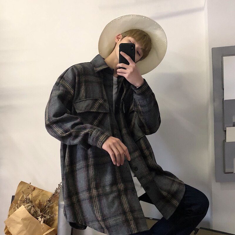 Efterår personlighed trend retro plaid bomuld stor størrelse løs afslappet skjorte jakke herre grå / sort s-xl: Grå / S