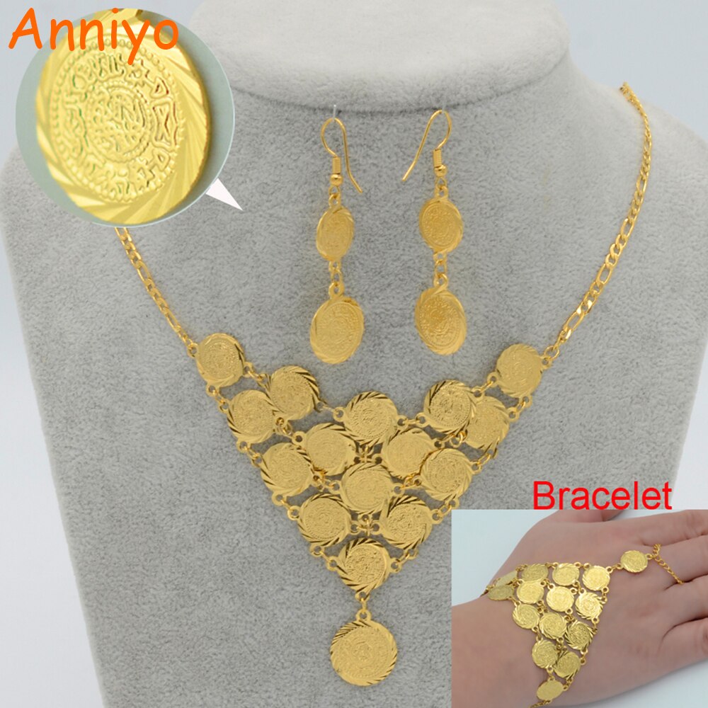 Anniyo Vrouwen Coin Set Sieraden Ketting/Oorbel/Armband Goud Kleur Sieraden Arabisch/Afrikaanse/Midden-oosten Beste grote