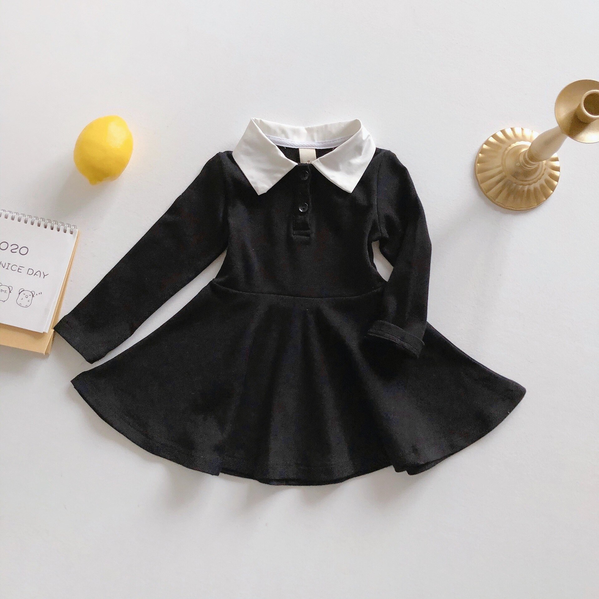 WLG Girls Caual Dresses Kids Spring Autumn Black Blue Ruffle Dress Baby Girl All Match Clothes for 2-6 Years: Black / 5T