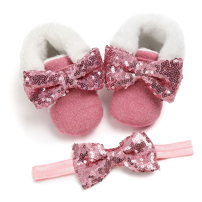 Botas para bebé recién nacido, botas para niño niña, zapatos de cuna, zapatos cálidos de invierno para la nieve, Princesa, con diadema, 2 uds.: DP / 0-6 meses