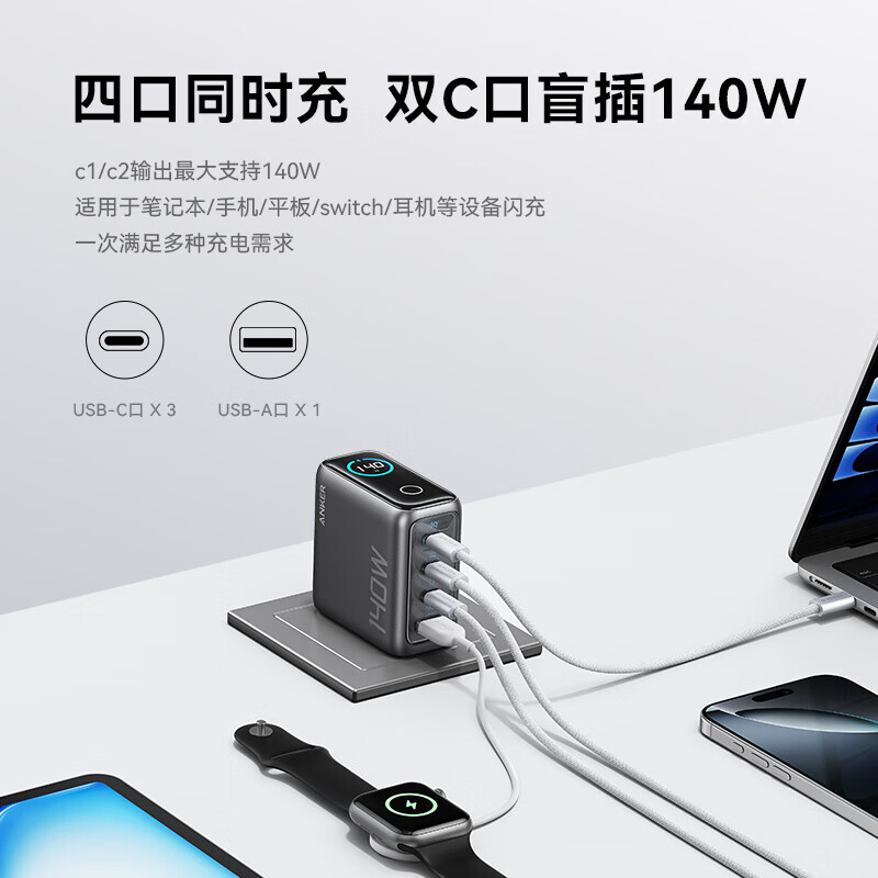 Originele anker zolo 140w gan 4 -poorts oplader pps laptop voor iphone, macbook pro air, ipad galaxy  s24, dell xps 13 met 1.5m kabels