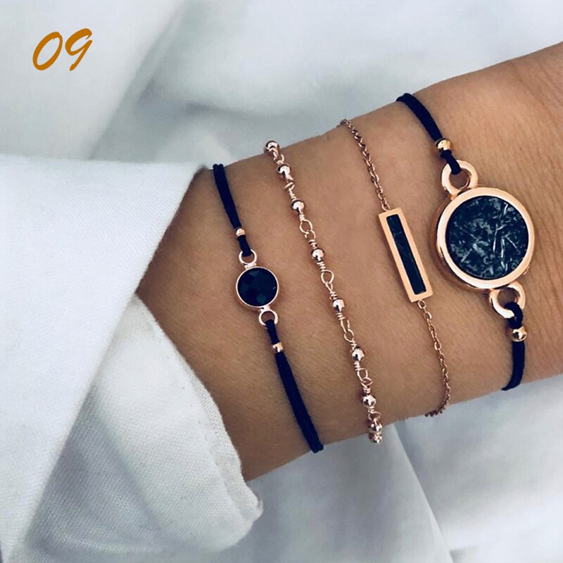 4 unids/set Bohemia Vintage pulseras para las mujeres de la joyería de Boho granos geométricos de la mano de la cadena encanto pulsera brazaletes conjunto Набор: 9