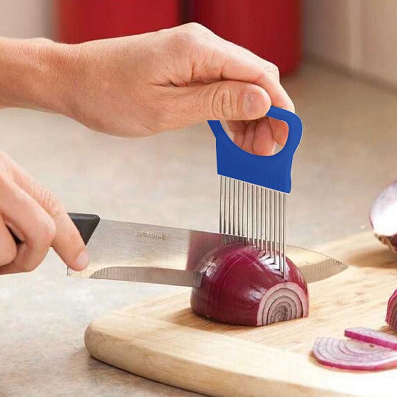 1 stks Gesneden Ui Houder Vork Rvs + Plastic Groente Snijmachine Tomaat Cutter Metalen Vlees Naald Gadgets Vlees Frok