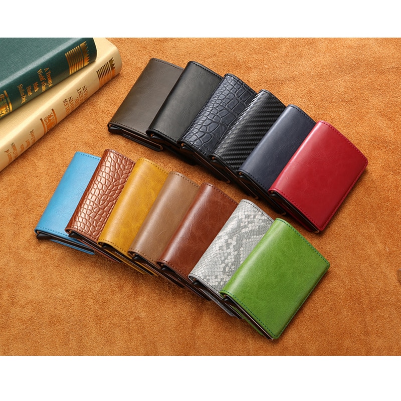 Zovyvol Business Credit Card Holder Men Women Metal RFID Vintage Aluminium Box Crazy Horse PU Leather Card Wallet Purses