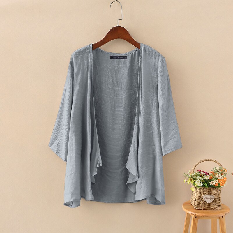 fest Strickjacken Frauen Sommer Bluse 2023 ZANZEA lässig Langarm Blusas Weibliche Dünne Tunika Spitzen Kimono Kap Plus Größe: XXL / Grau