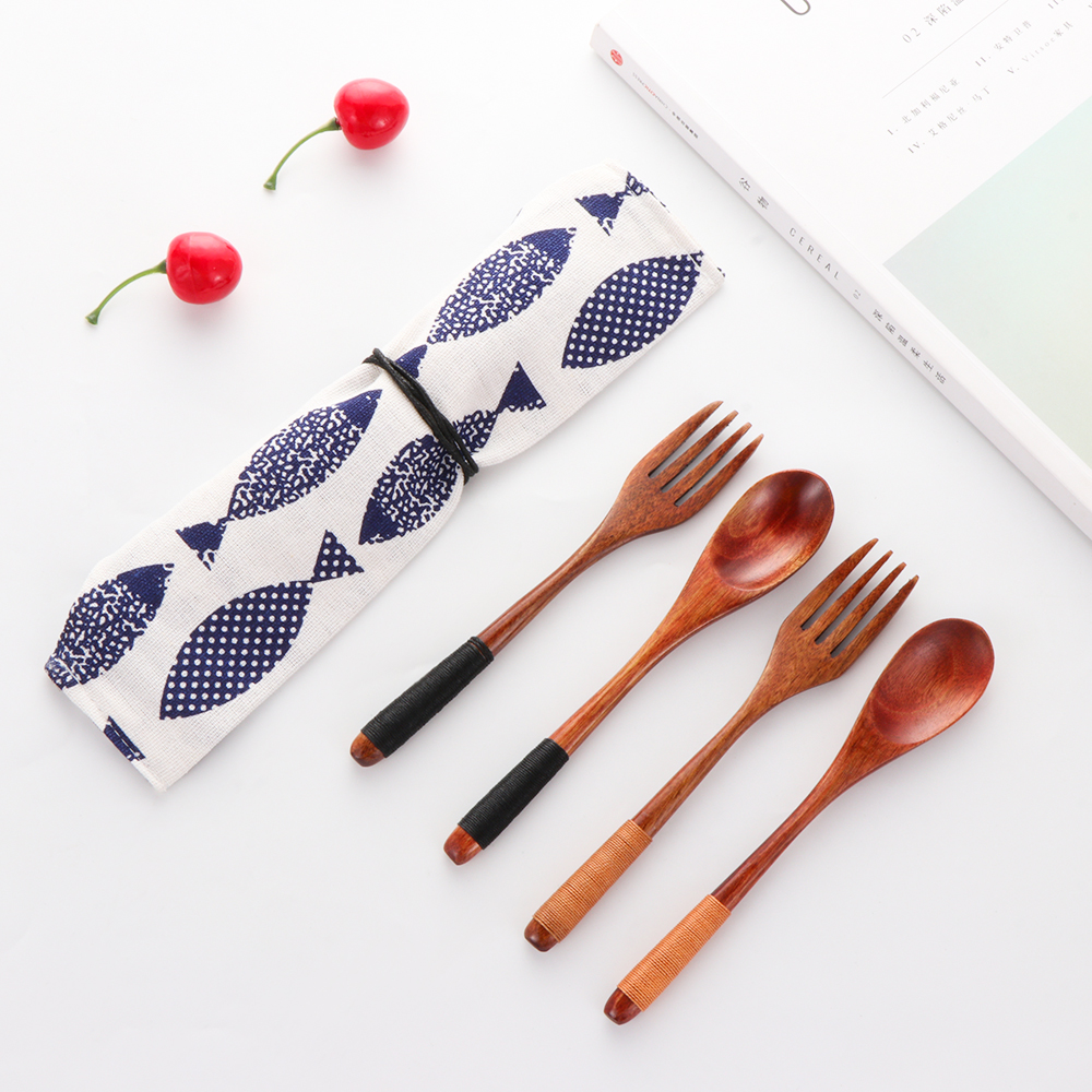 1 SET Pack Tea Scoops Desserts Fruits Serving Travel Dinnerware Suit Spoon Fork Portable Tableware Wooden Cutlery Sets Cloth Bag