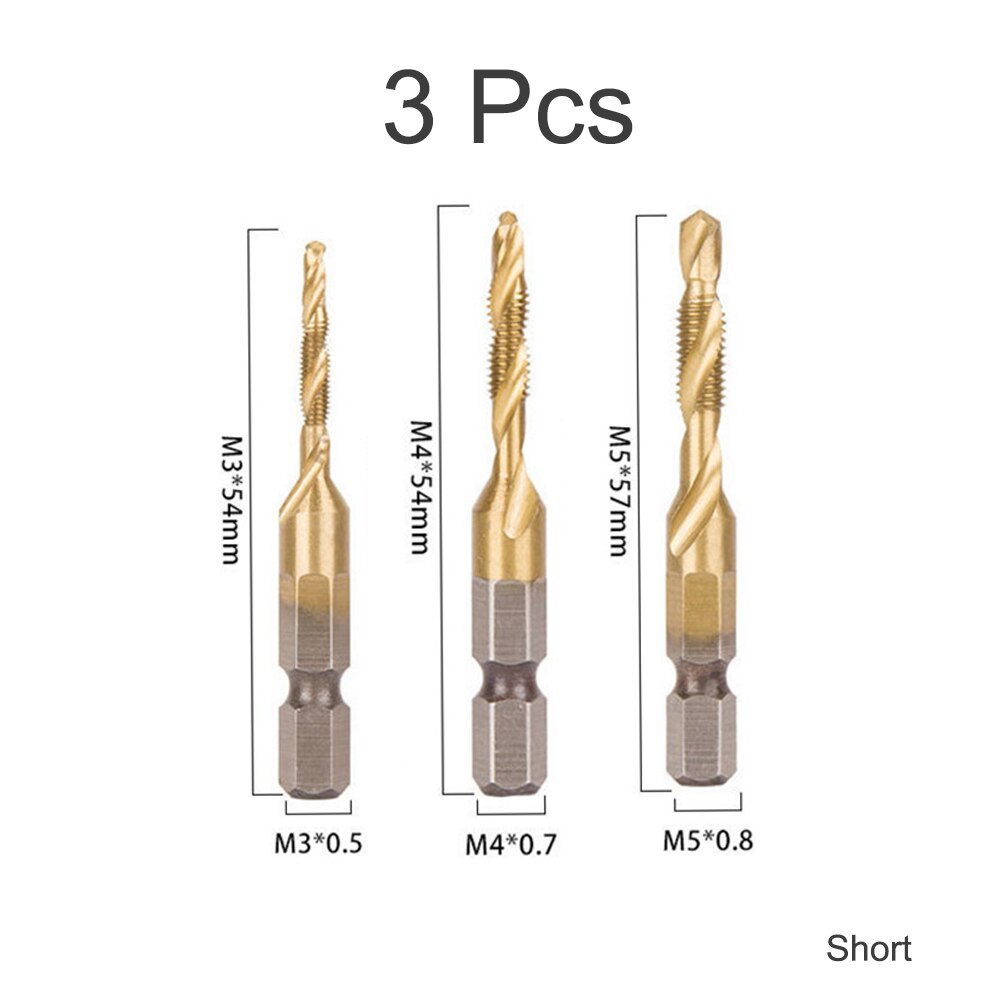 M3-M10 HSS Screw Metric Thread Tap Drill Bits Set Titanium Plated Hex Shank Screw Machine Compound High Speed Change Hand Tool: 3Pcs Short M3 M4 M5