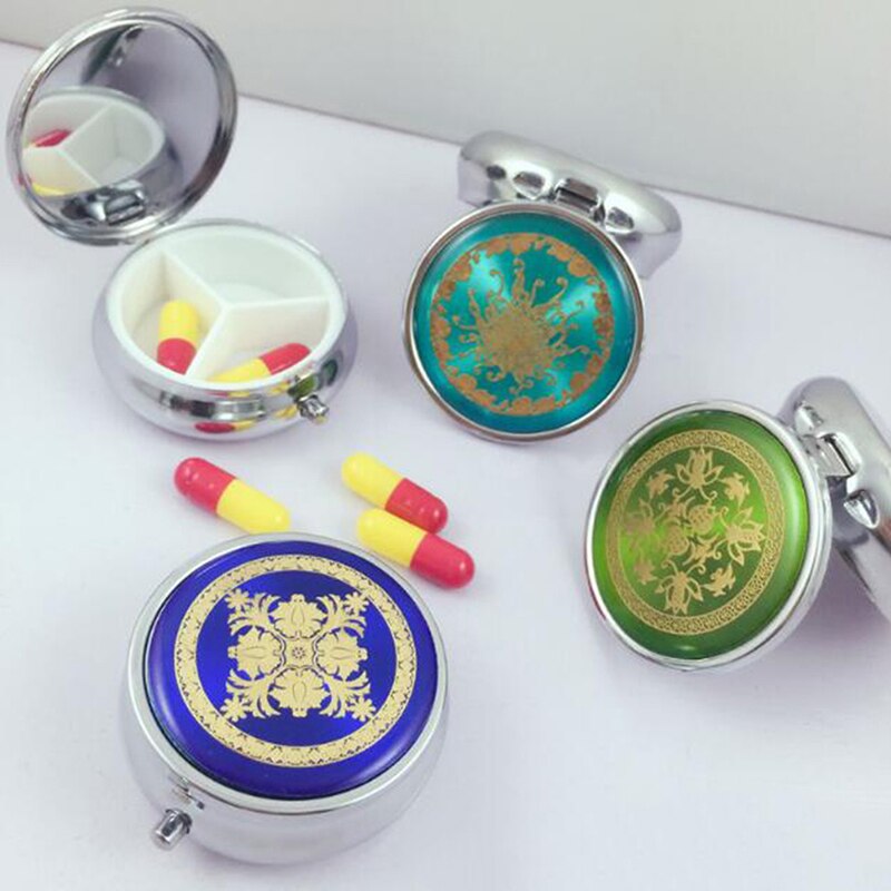 1PCS Portable Metal Round Flower Print Organizer Cute Compartment Pill Case Storage Tablet Container Medicine Box: Orange
