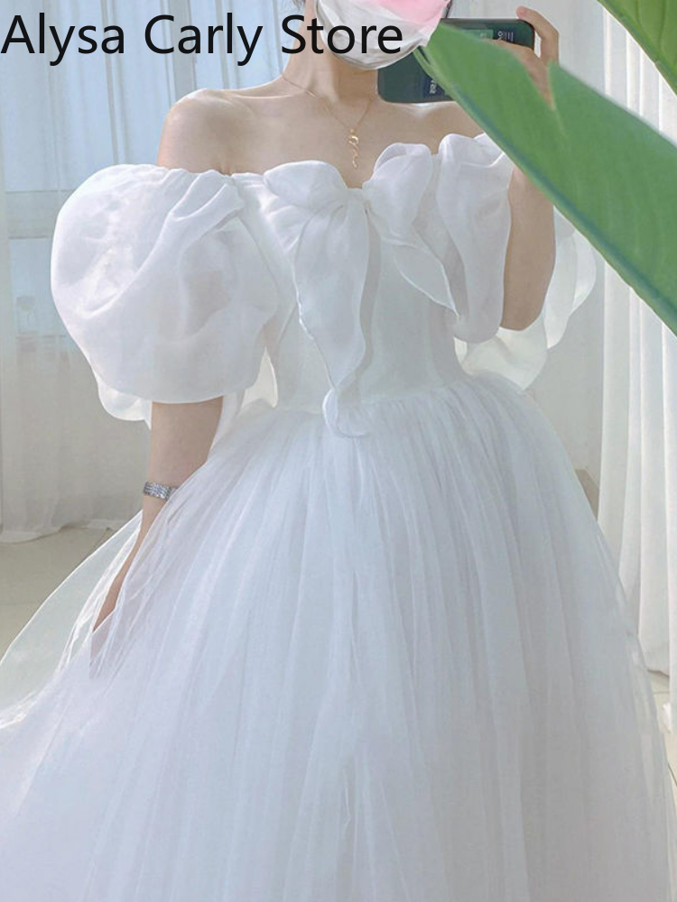 White Sweet Princess Dress Women Bow Puff Sleeve Korean Kawaii Midi Dress Female Autumn Casual Evening Party Dress: XXL