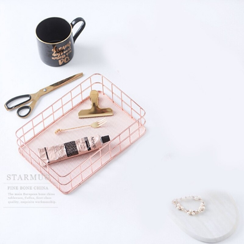 Rose Goud Metalen Ijzer Opslag Mand & Dubbele Lagen Winkelwagen Model Smeedijzeren Supermarkt Trolley Metalen Rose Goud