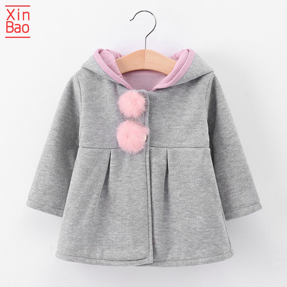 Xinbao meisjesjassen cartoon lange mouwen jas konijnenoor hoodie casual bovenkleding kinderjas babykleding gebreid kinderen: Grijs / 3t