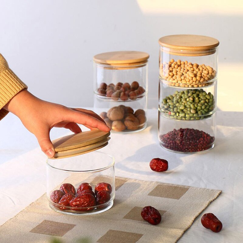 Stackable glass canisters set food storage jar containers with airtight seal bamboo lid