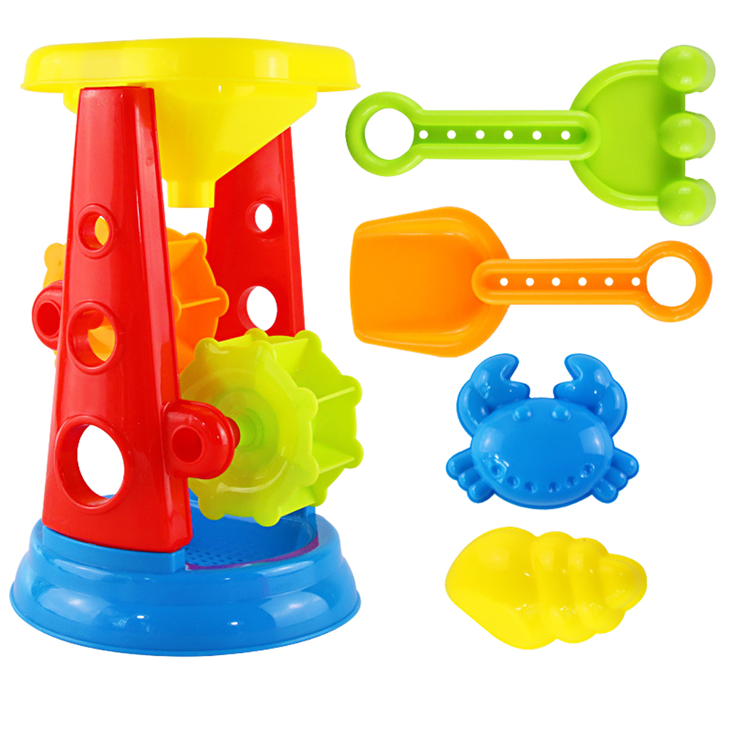 Kids Beach Sand Toy Set (5Pcs/Set) with Water Wheel, Shovel, Rake, Molds (Random Color)