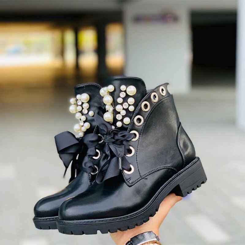 Botines con cordones de perlas para mujer, tacones medios de cuero PU de gran tamaño para mujer, calzado de plataforma para mujer, zapatos casuales de costura para mujer