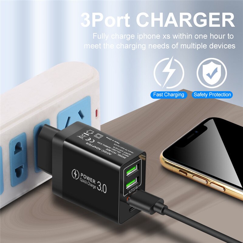 USLION 48W 4 Port Quick Charge PD 3.0 EU USB Charger Fast Charging US PD Mobile Phone Charger For iphone Samsung Xiaomi Huawei