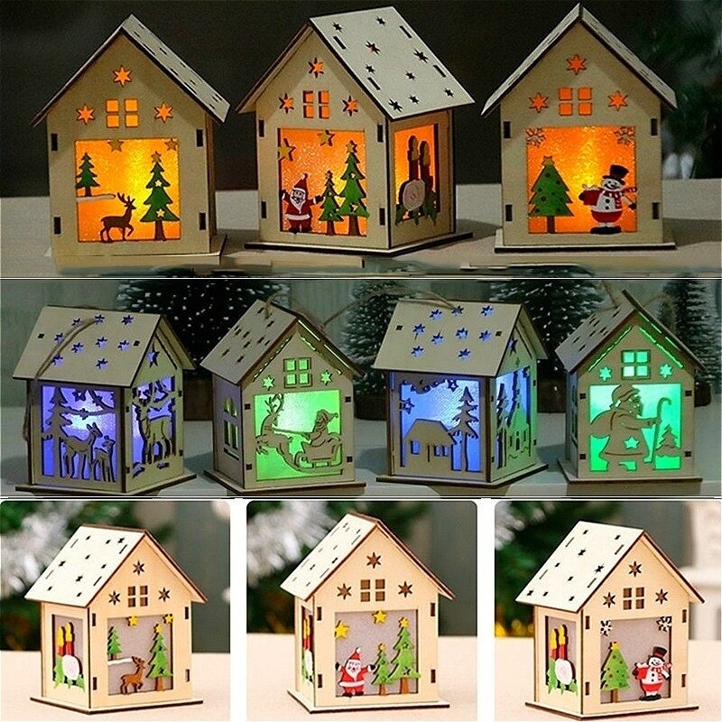 Christmas Led Light Wood House Cute Christmas Tree Hanging Ornaments Decoration Figurines Merry Christmas