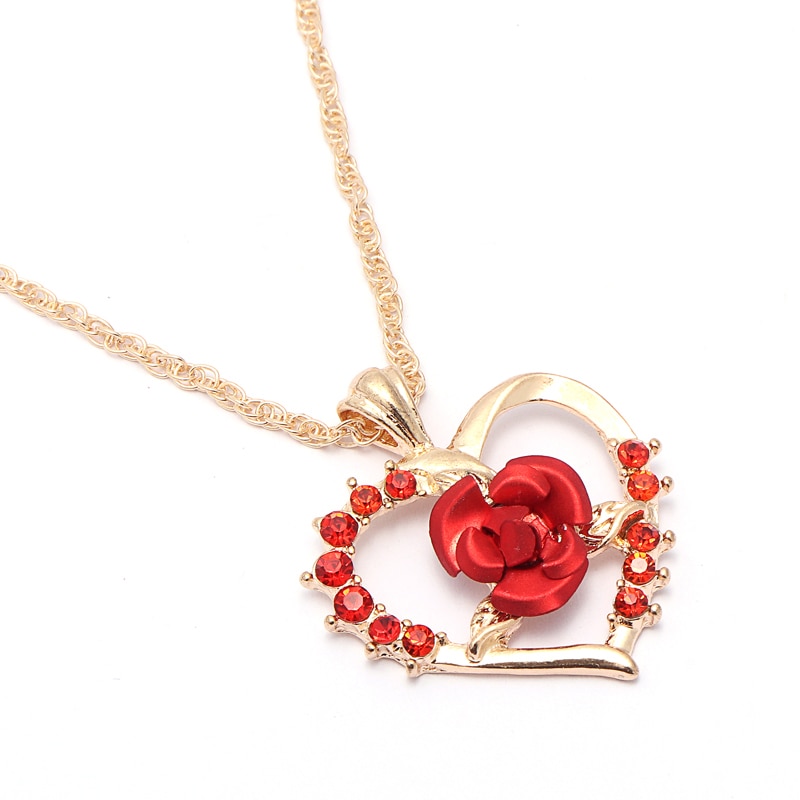 Love Heart Red Rose Pendant Necklace Women Girl Lady Gold Color Necklace Choker Jewelry For Valentine's Day