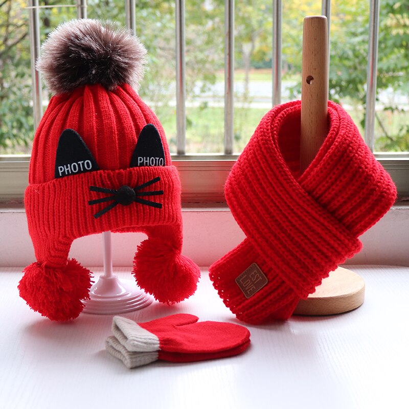 Children's hat scarf gloves three-piece set Boys and girls lovely knitted woollen hats Baby wool hat scarf Lovely thick hat: Red / 4-12 years old